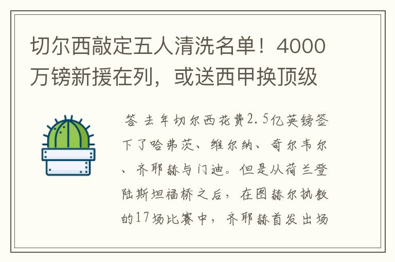 切尔西敲定五人清洗名单！4000万镑新援在列，或送西甲换顶级铁闸