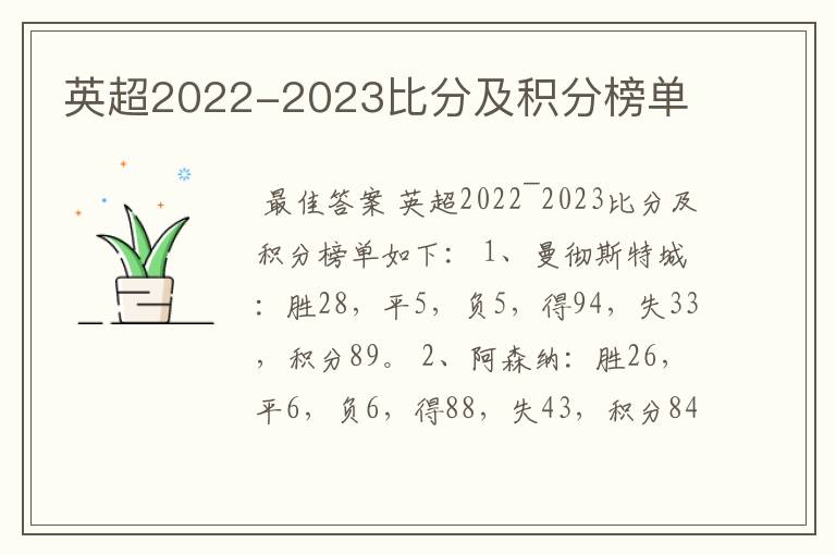 英超2022-2023比分及积分榜单