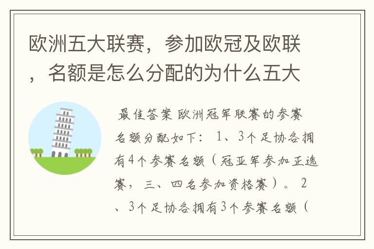 欧洲五大联赛，参加欧冠及欧联，名额是怎么分配的为什么五大联赛只有法甲