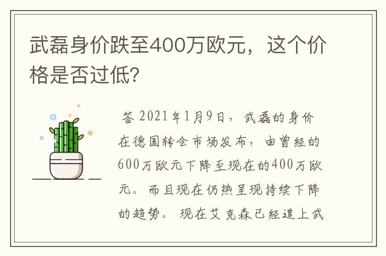 武磊身价跌至400万欧元，这个价格是否过低？