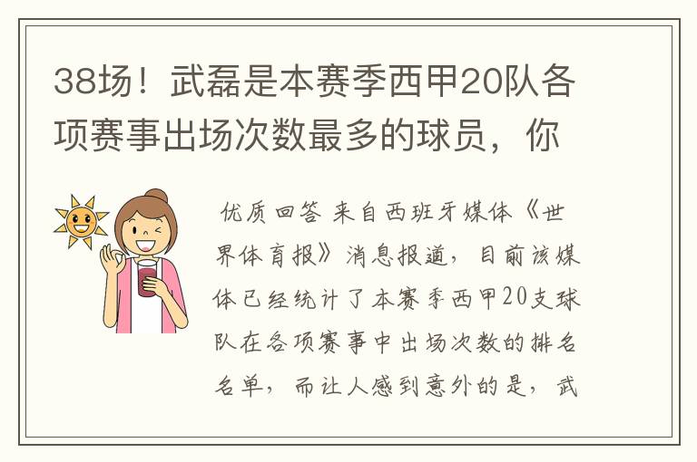 38场！武磊是本赛季西甲20队各项赛事出场次数最多的球员，你怎么看？