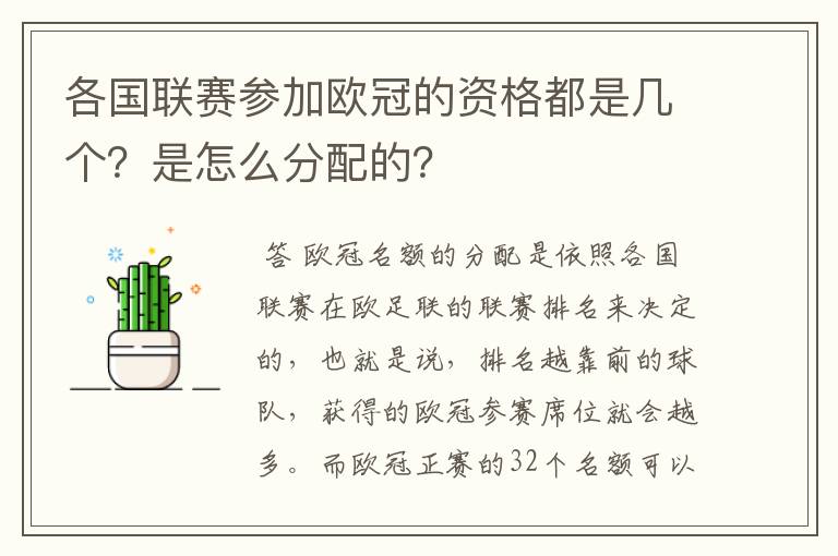 各国联赛参加欧冠的资格都是几个？是怎么分配的？