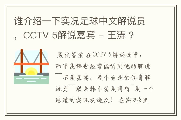 谁介绍一下实况足球中文解说员，CCTV 5解说嘉宾 - 王涛 ？