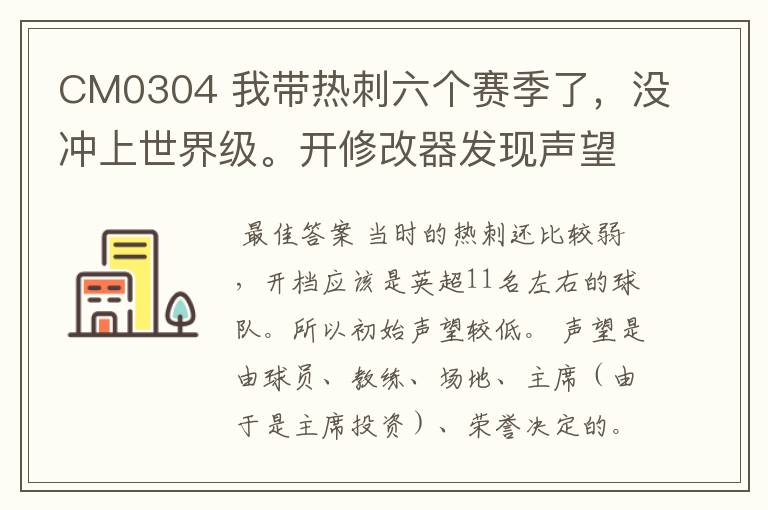 CM0304 我带热刺六个赛季了，没冲上世界级。开修改器发现声望停留在85-89之间，这个赛季好像还降了，求解