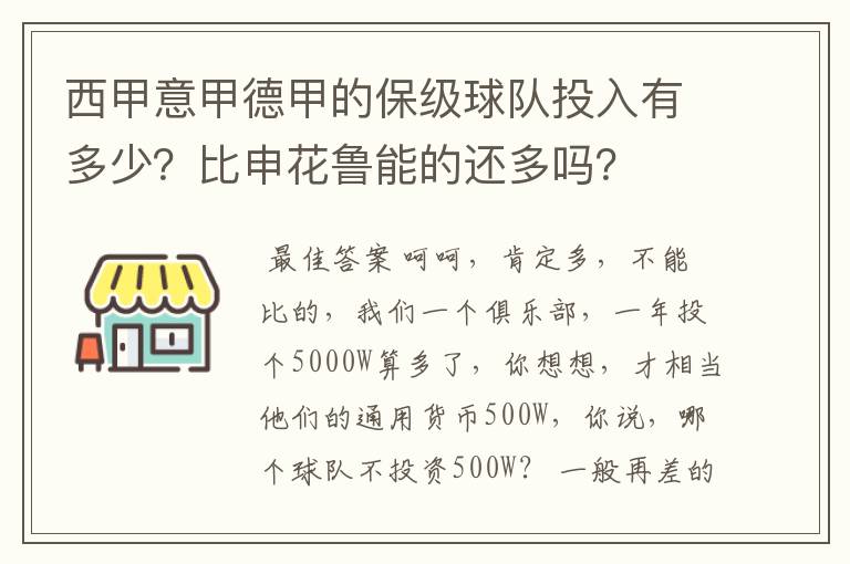 西甲意甲德甲的保级球队投入有多少？比申花鲁能的还多吗？