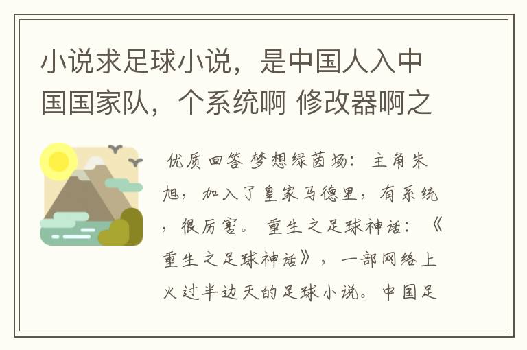 小说求足球小说，是中国人入中国国家队，个系统啊 修改器啊之类的 能发个任务啊什么的