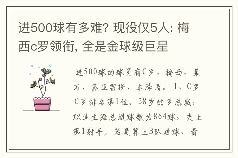 进500球有多难? 现役仅5人: 梅西c罗领衔, 全是金球级巨星