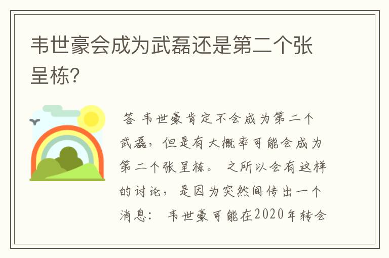 韦世豪会成为武磊还是第二个张呈栋？