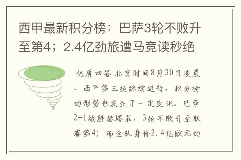 西甲最新积分榜：巴萨3轮不败升至第4；2.4亿劲旅遭马竞读秒绝平