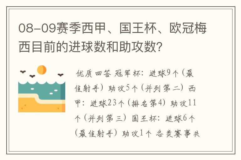 08-09赛季西甲、国王杯、欧冠梅西目前的进球数和助攻数？