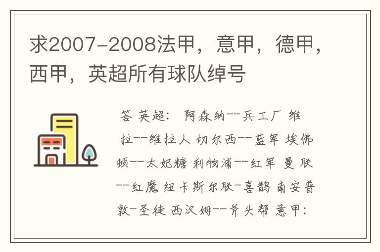 求2007-2008法甲，意甲，德甲，西甲，英超所有球队绰号