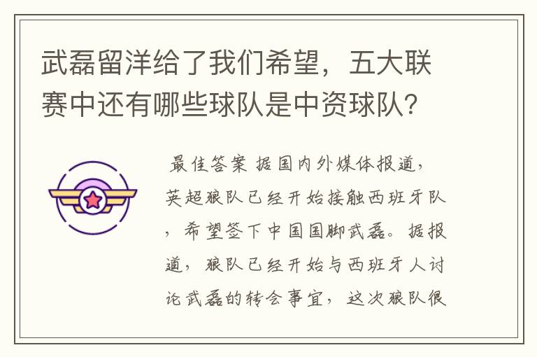 武磊留洋给了我们希望，五大联赛中还有哪些球队是中资球队？