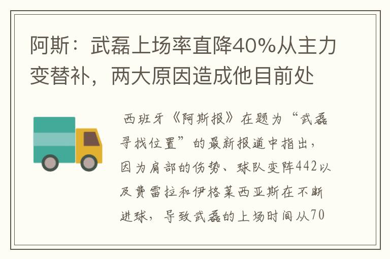 阿斯：武磊上场率直降40%从主力变替补，两大原因造成他目前处境