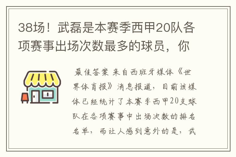 38场！武磊是本赛季西甲20队各项赛事出场次数最多的球员，你怎么看？