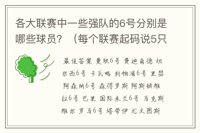 各大联赛中一些强队的6号分别是哪些球员？（每个联赛起码说5只队）