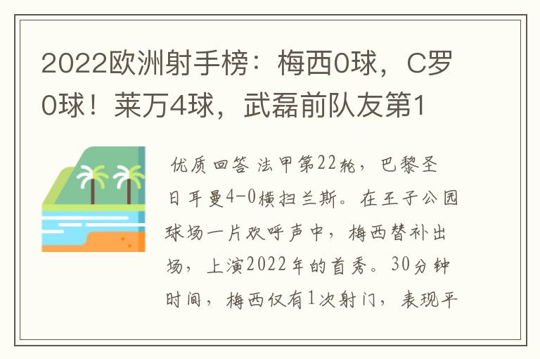 2022欧洲射手榜：梅西0球，C罗0球！莱万4球，武磊前队友第1