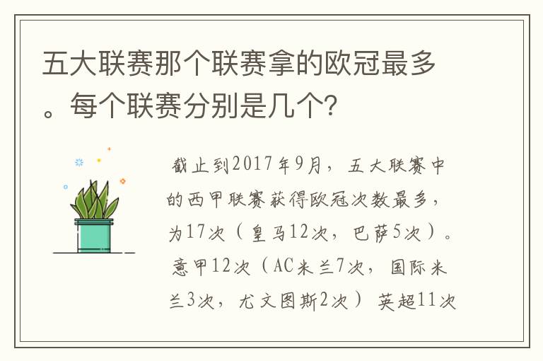 五大联赛那个联赛拿的欧冠最多。每个联赛分别是几个？