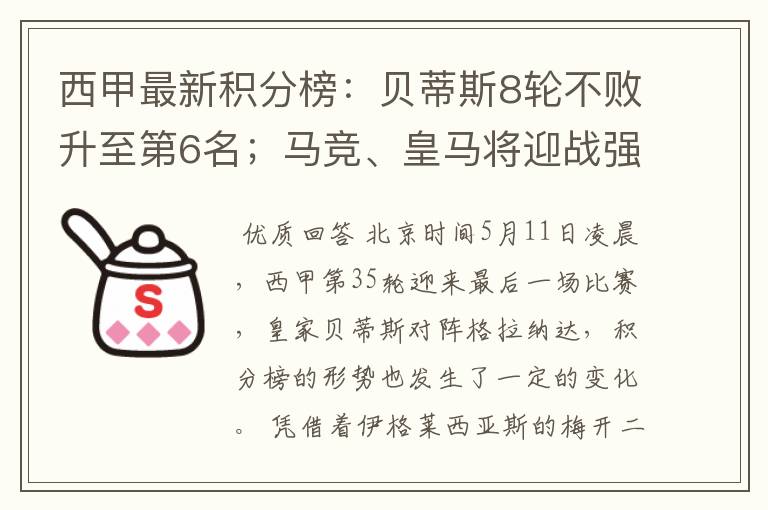 西甲最新积分榜：贝蒂斯8轮不败升至第6名；马竞、皇马将迎战强敌