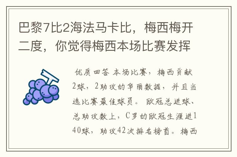 巴黎7比2海法马卡比，梅西梅开二度，你觉得梅西本场比赛发挥如何？