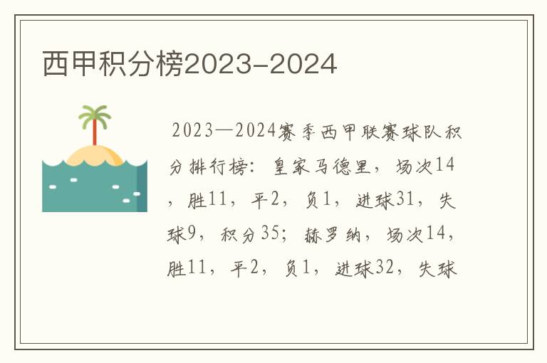 西甲积分榜2023-2024