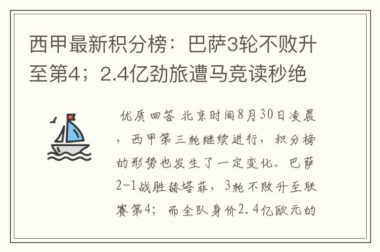 西甲最新积分榜：巴萨3轮不败升至第4；2.4亿劲旅遭马竞读秒绝平