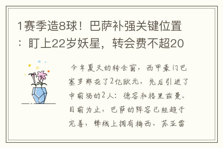 1赛季造8球！巴萨补强关键位置：盯上22岁妖星，转会费不超2000万