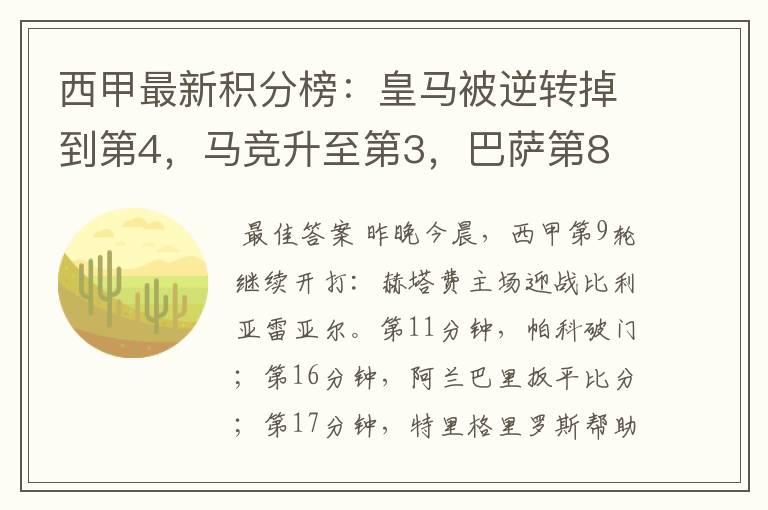 西甲最新积分榜：皇马被逆转掉到第4，马竞升至第3，巴萨第8