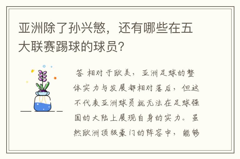 亚洲除了孙兴慜，还有哪些在五大联赛踢球的球员？