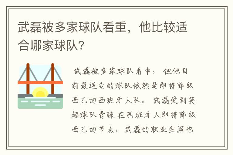 武磊被多家球队看重，他比较适合哪家球队？