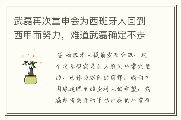 武磊再次重申会为西班牙人回到西甲而努力，难道武磊确定不走了？