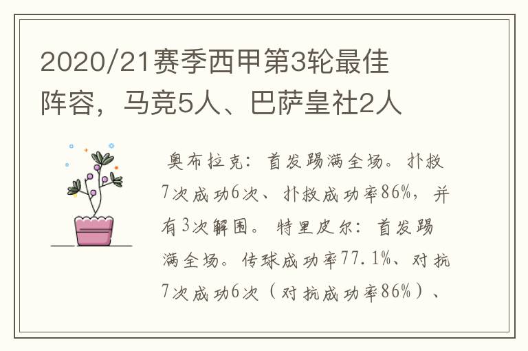 2020/21赛季西甲第3轮最佳阵容，马竞5人、巴萨皇社2人