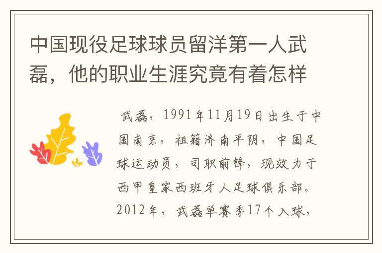 中国现役足球球员留洋第一人武磊，他的职业生涯究竟有着怎样的辉煌成就？