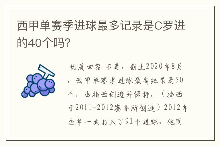 西甲单赛季进球最多记录是C罗进的40个吗？