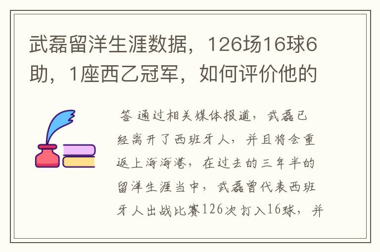 武磊留洋生涯数据，126场16球6助，1座西乙冠军，如何评价他的表现？