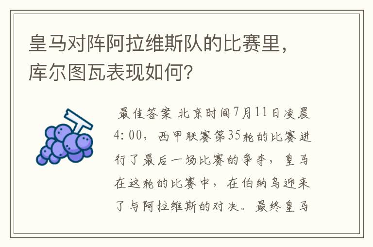 皇马对阵阿拉维斯队的比赛里，库尔图瓦表现如何？