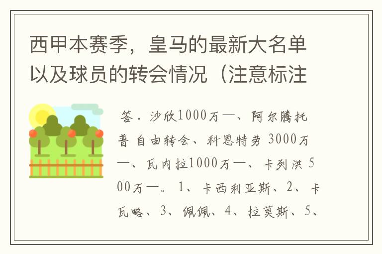 西甲本赛季，皇马的最新大名单以及球员的转会情况（注意标注球员身价）