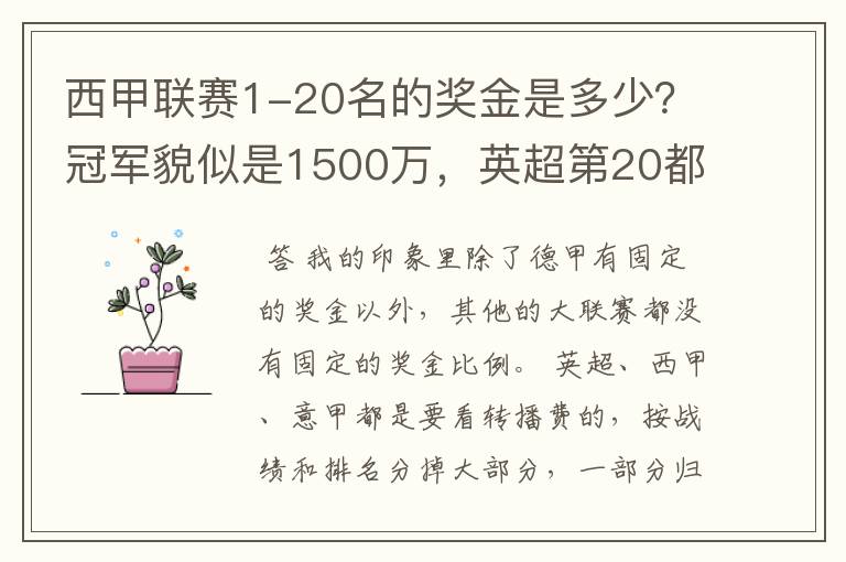 西甲联赛1-20名的奖金是多少？冠军貌似是1500万，英超第20都是4000万呀！