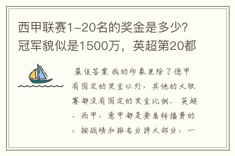 西甲联赛1-20名的奖金是多少？冠军貌似是1500万，英超第20都是4000万呀！