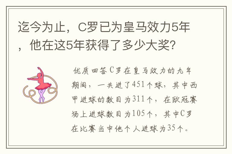 迄今为止，C罗已为皇马效力5年，他在这5年获得了多少大奖？