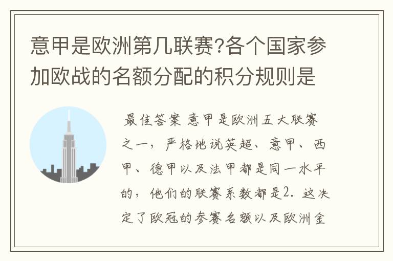 意甲是欧洲第几联赛?各个国家参加欧战的名额分配的积分规则是什么？