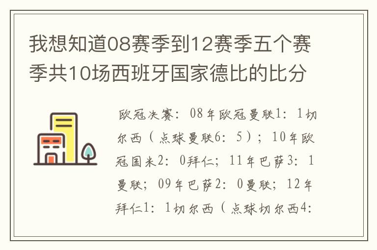 我想知道08赛季到12赛季五个赛季共10场西班牙国家德比的比分，每场的比分 还有这五个赛季欧冠决赛的.