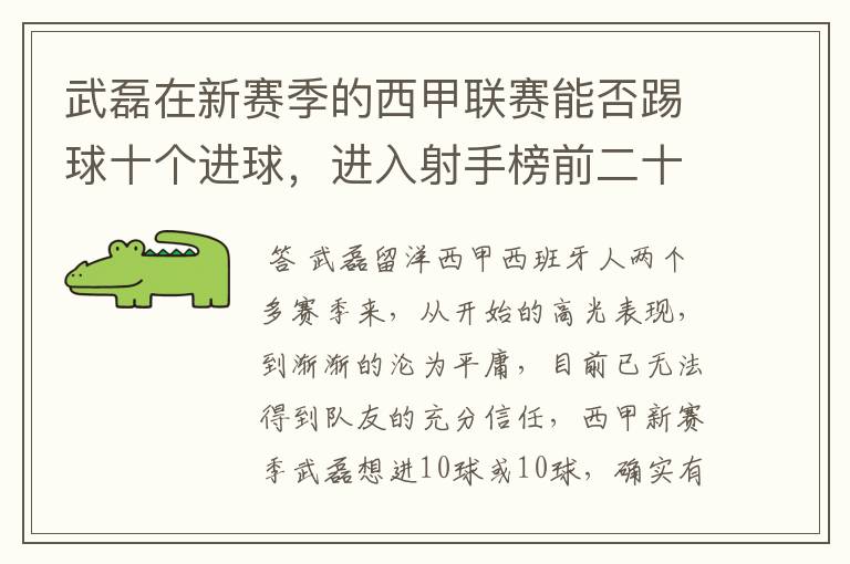 武磊在新赛季的西甲联赛能否踢球十个进球，进入射手榜前二十？