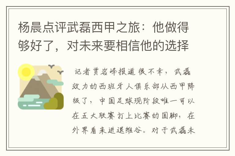 杨晨点评武磊西甲之旅：他做得够好了，对未来要相信他的选择