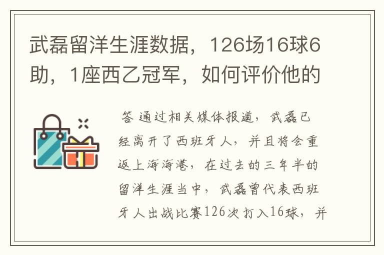 武磊留洋生涯数据，126场16球6助，1座西乙冠军，如何评价他的表现？