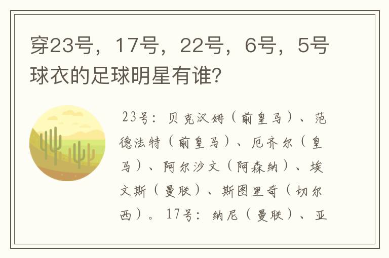 穿23号，17号，22号，6号，5号球衣的足球明星有谁？