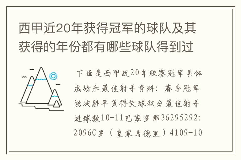 西甲近20年获得冠军的球队及其获得的年份都有哪些球队得到过意大利