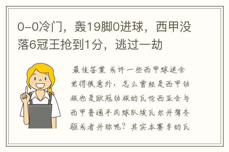 0-0冷门，轰19脚0进球，西甲没落6冠王抢到1分，逃过一劫