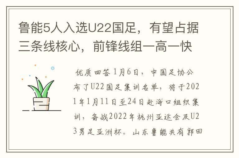 鲁能5人入选U22国足，有望占据三条线核心，前锋线组一高一快