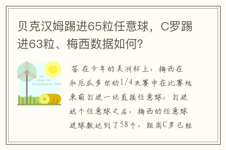 贝克汉姆踢进65粒任意球，C罗踢进63粒、梅西数据如何？