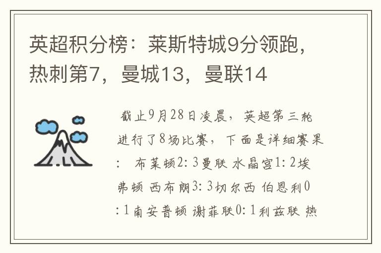 英超积分榜：莱斯特城9分领跑，热刺第7，曼城13，曼联14